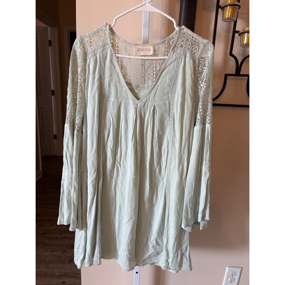Bella Ella Boutique Mint Green Lace Crochet V-Neck Long Sleeve Tunic Top Large